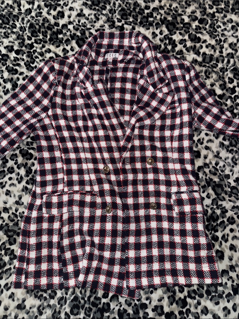 TCEC Black White and Red Plaid Double-Breasted Sweater Blazer